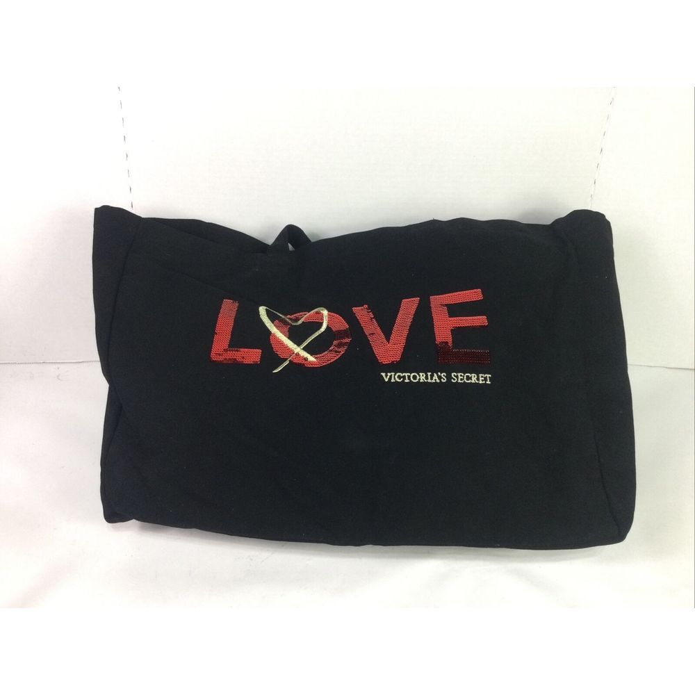 VICTORIA'S SECRET Love Large Black Sequin logo Tote Bag Inside Pockets